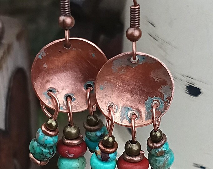 Turquoise, Jasper & Rustic Copper Coin Chandelier Dangle Earrings- Mixed Metal - Hypoallergenic