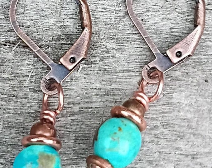 Kingman Turquoise & Copper Dainty Petite Dangle Earrings Lever Back