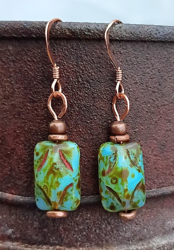 Khaki Picasso Rectangle Czech glass and Copper Earrings, Puff Pillow Shape, Rustic, Earthy