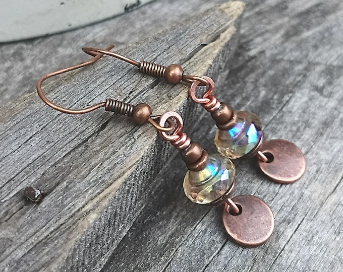 Clear Bliss & Copper Coin Czech Glass Dangle Earrings- Chose Ear Wire