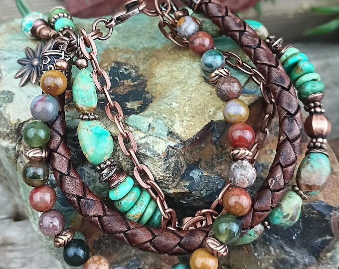 Golden Ocean Jasper - Hubei & Kingman Turquoise Multi Strand Bohemian Bracelet, Adjustable