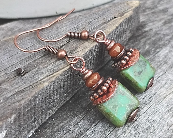 Copper & Earthy Green Czech Glass Square Dangle Earrings Hypoallergenic Ear Wire