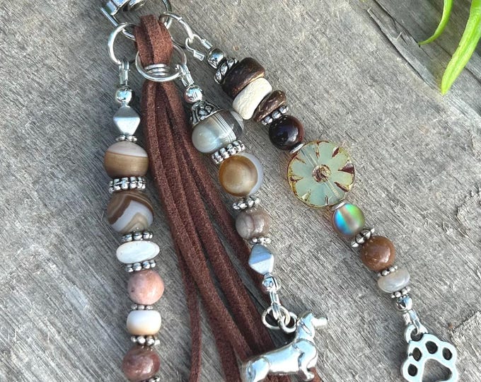 Paw Print & Dachshund/Doxin Gemstone Beaded Keychain - Earthy - Bag Charm's