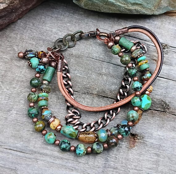 Multi Strand African Turquoise Bracelet, Czech Glass, Copper Chain, Leather Boho Style