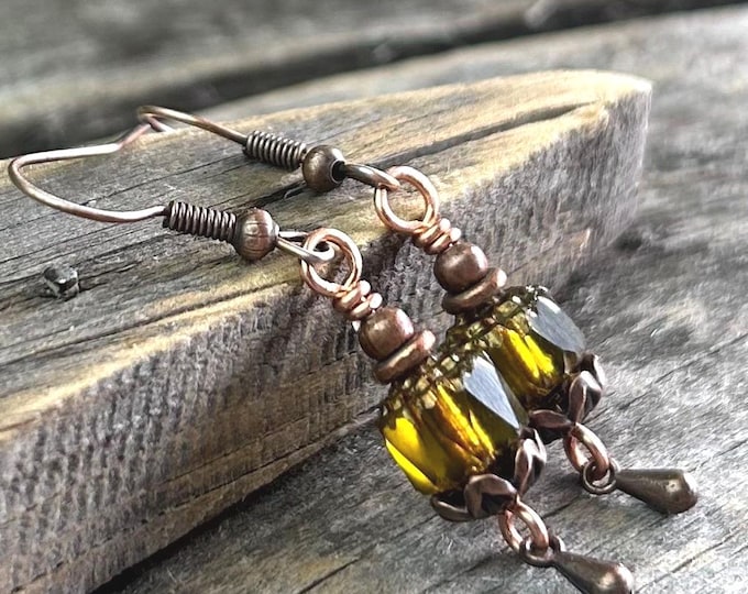 Earthy Olive Green Cathedral & Teardrop Dangle Earrings - Chose Ear Wire