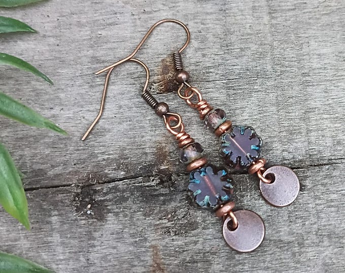 Czech Glass Amethyst Flower & Copper Coin Dangle - Small Boho Earrings, Hypoallergenic
