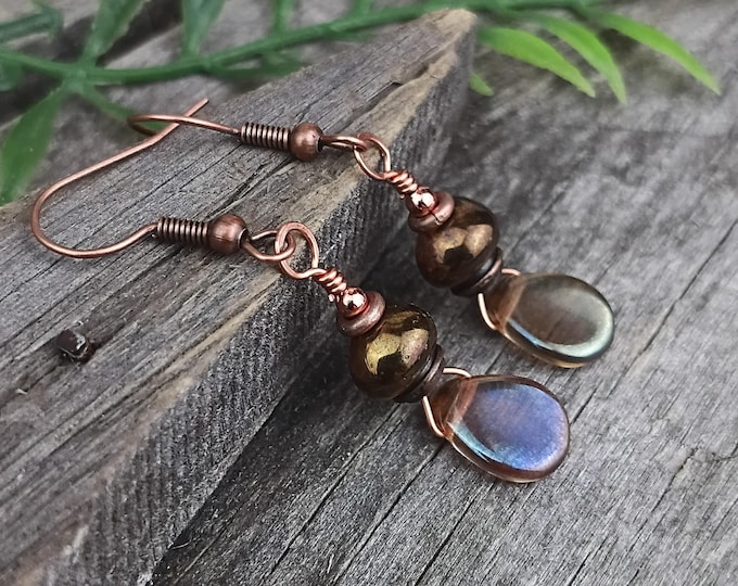 Smoky Amber & Bronze Small Czech Glass Dangle Earrings - Choice of Hypoallergenic Ear Wire