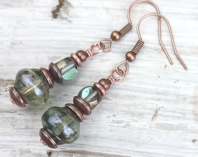Earthy Pine Green Picasso Glass Dangle Earrings