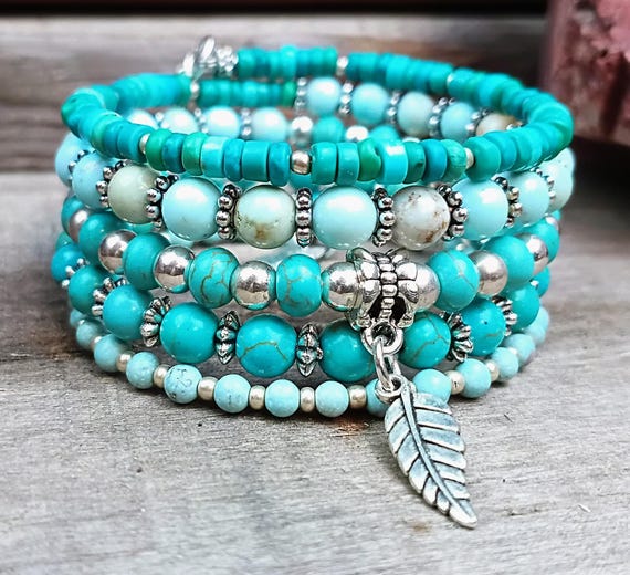 Turquoise Blue color's ,Memory Wire Wrap Beaded Bracelet with Charms