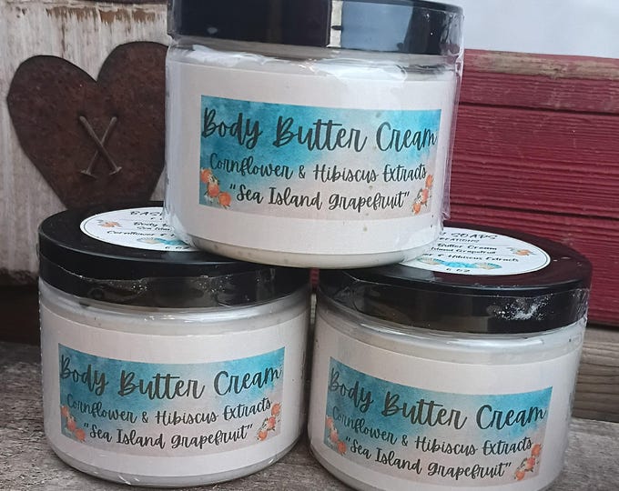 Sea Island Grapefruit Body Butter Cream, Cornflower Hibiscus Extracts, Colloidal Oats 6oz.