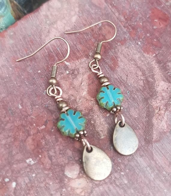 Earthy Lagoon Bloom and Copper Teardrop charm earrings, hypoallergenic ear wires