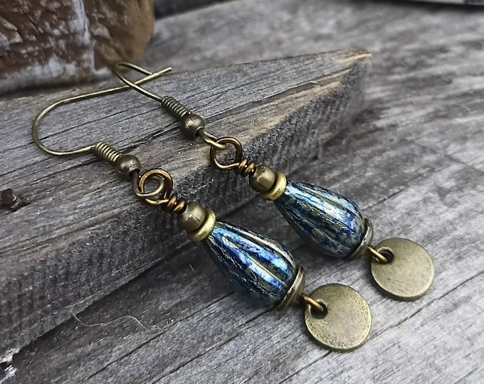 Cobalt Blue & Bronze Czech Glass Dangle Earrings- Bonze Coin's - Chose Ear Wire - Hypoallergenic