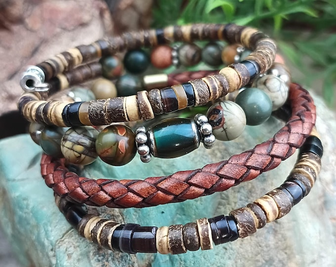 Men's Picasso Jasper, Braided Leather, Memory Wire Wrap Bracelet, Sterling Silver Spacers with Mood Bead