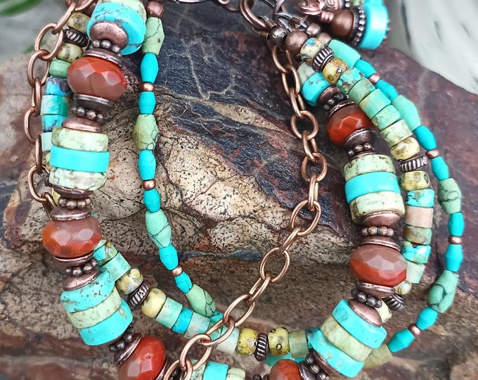 Bohemian Multi Strand Mixed Media Adjustable Bracelet - Turquoise, Howlite & Czech Glass, Copper Chain. Earthy