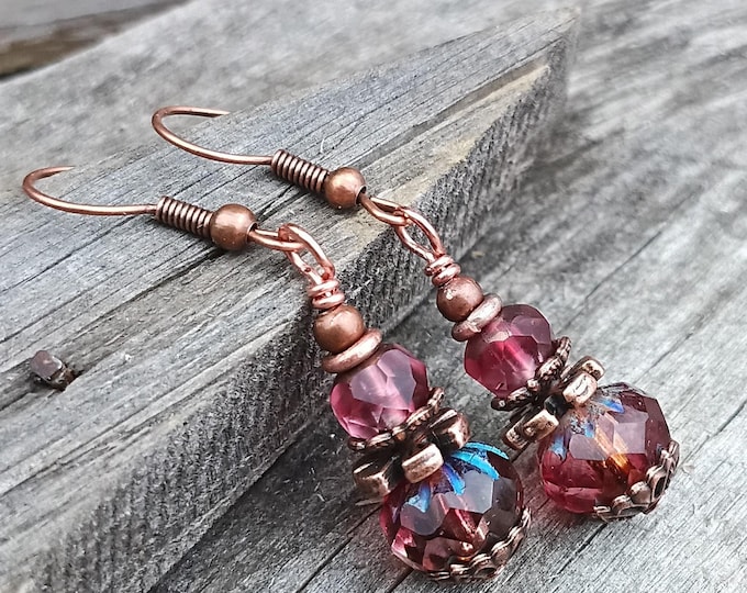 Sangria Earthy Pink & Copper Boho Dangle Earrings, Hypoallergenic Ear Wires