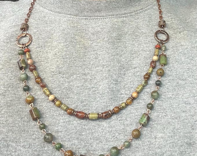 Earthy Multi Strand Bohemian Gemstone, Copper Accent's Layered Necklace - Adjustable