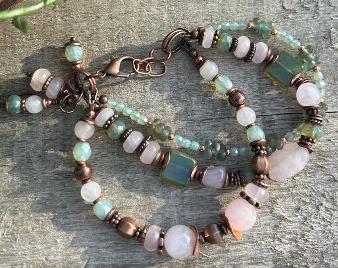 Rose Quartz & Earthy Sage Green, Copper Accents Multi Strand Adjustable Bracelet