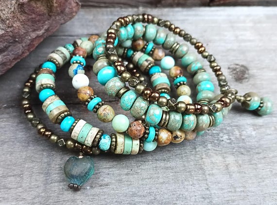 Boulder Creek Turquoise Antique Brass Memory Wire Wrap Bracelet, Boho Earthy Stack (5x wrap)