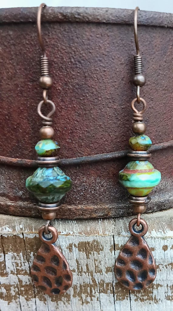Forest Bliss Saturn Czech Glass, Hammered Teardrop Copper Earrings