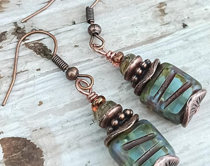 River Grooves Earthy Square Tile Petite Bohemian Dangle Earrings, Rustic Blue Green & Picasso Finish