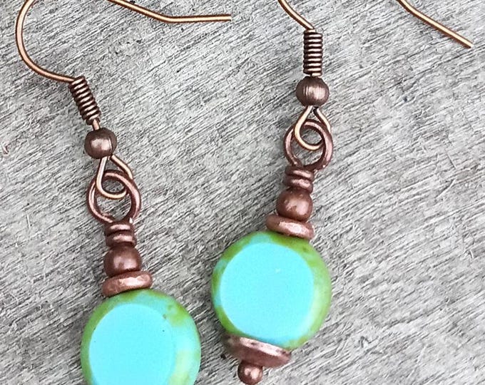 Satin Turquoise & Copper Coin - Small Bohemian Dangle Earrings, Minimalist, Czech Glass Earrings