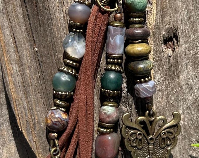 Bohemian Gemstone & Tree of Life Handmade Beaded Keychain- Bag Charm’s - Purse Accessory