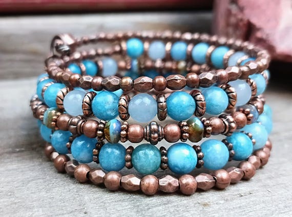 Copper and Blue Chalcedony Memory Wire Beaded Bracelet, Wraps 5 times