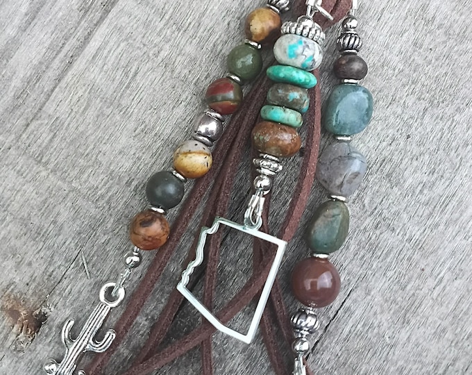 Arizona Beaded Keychain - Turquoise, Jasper - Cactus & State Charm's - Faux Leather. Bag Charm's - Handbag Accessory