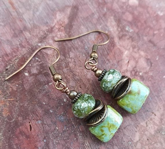Czech Picasso Earthy Sage and Copper Dangle Earrings. Hypoallergenic ear wires.