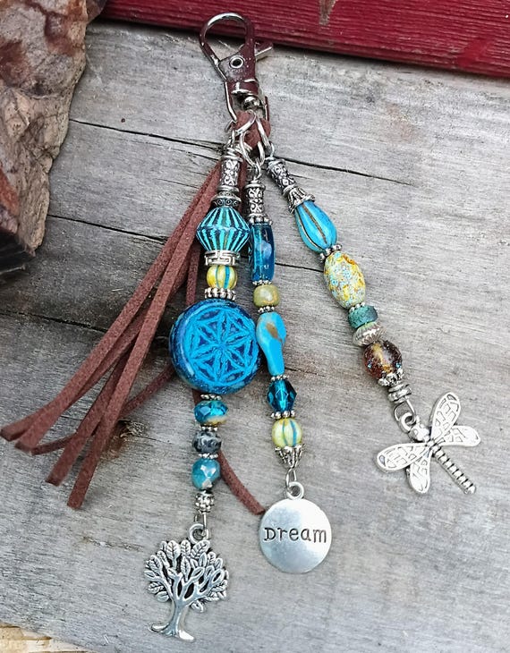 Beaded Key Chain, Zipper Pull, Czech glass, Silver with Charms