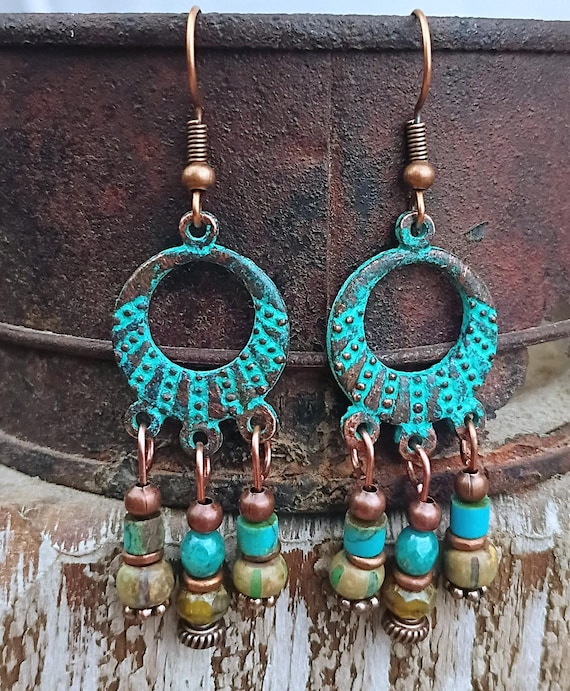 Greek Mykonos, Green Patina Dangle Earrings, Czech glass, Picasso glass beads