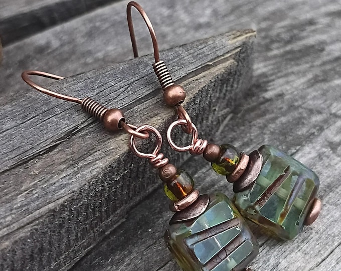 Rustic Earthy Green/Blue Czech Glass Square Earrings
