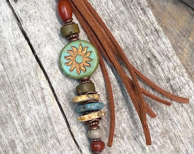 Earthy Gemstone & Czech Glass Sun Coin Bohemian Beaded Bag Charm- Purse Tassel
