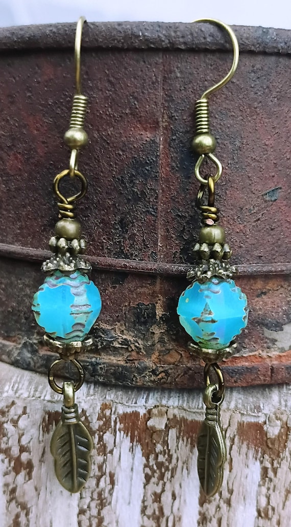 Blue Lagoon Czech glass, Bronze Leaf Charm Dangle Earrings, Hypoallergenic ear wires