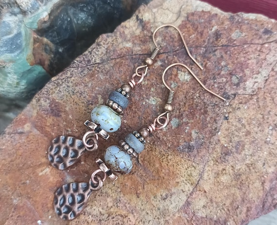 Earthy Lilac Mist Czech Glass Beads with Hammered Copper Teardrop, hypoallergenic ear wires