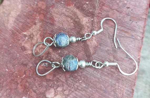 Mystic Mercury Nugget Czech Glass, Silver tone Teardrop, Sterling silver ear wires and Spacers.