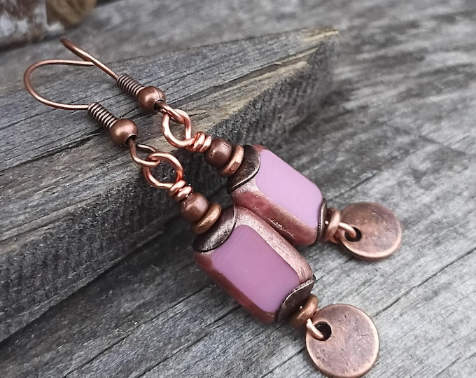 Bronzed Pink Rectangle & Copper Coin Bohemian Dangle Earrings, Picasso-Rustic. Hypoallergenic