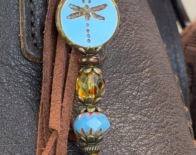 Light blue & Amber Minimalist Czech Glass Dragonfly Beaded Keychain- Bag Charm’s