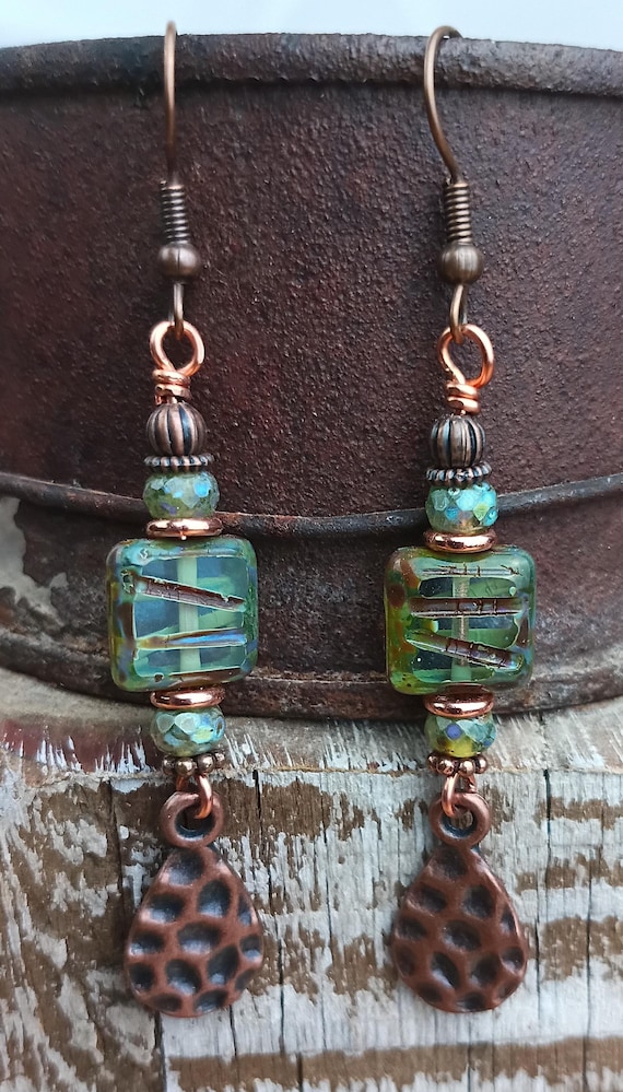 River Grooves Square Czech Glass, Copper Teardrop Earrings