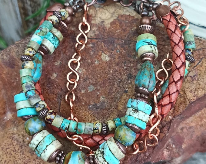 Turquoise Mixed Media Multi Strand Bracelet - Leather, Handmade Copper Chain - Rustic & Earthy. Adjustable