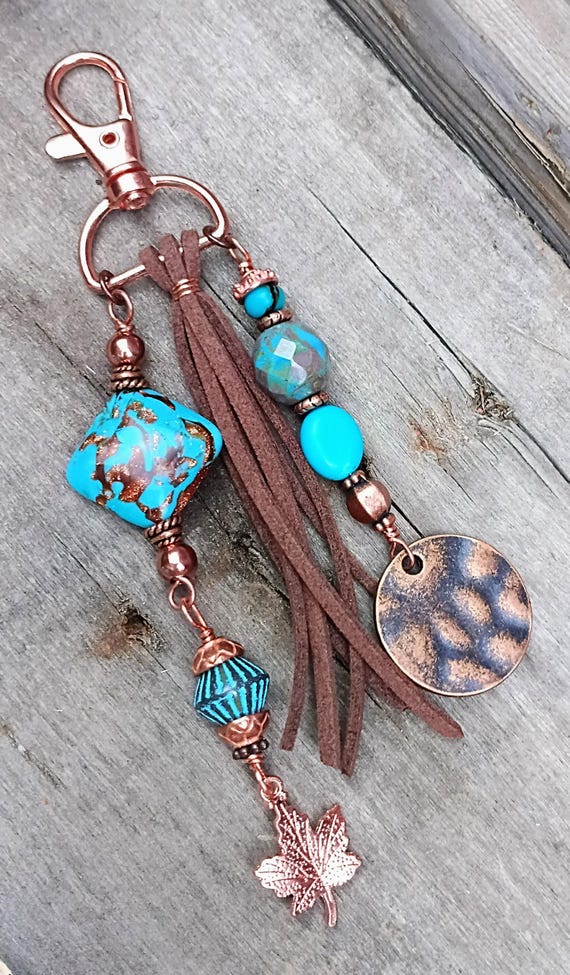 Beaded Key Chain, Zipper Pull, Copper and Turquoise Blue