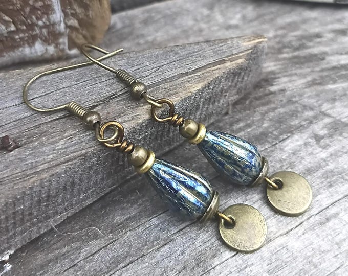 Cobalt Blue & Bronze Czech Glass Dangle Earrings- Bonze Coin's - Chose Ear Wire