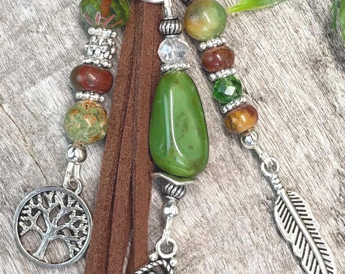 Green Howlite + Rhinestone, Czech Glass Beaded Keychain Tassel - Bag Charm’s