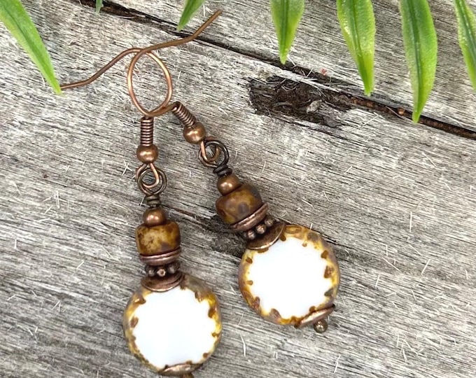 Rustic White & Earthy Picasso Czech Glass Coin Dangle Earrings Chose Ear Wire