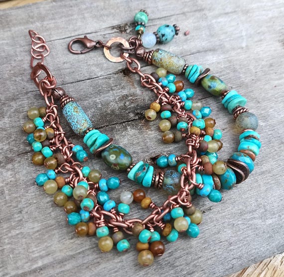 Genuine Turquoise Multi Strand Charm Beaded Bracelet, Czech glass beads, Copper, Adjustable