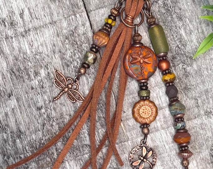Bohemian Dragonfly Beaded Purse Charm - Czech Glass - Earthy Burnt Orange & Copper Accents