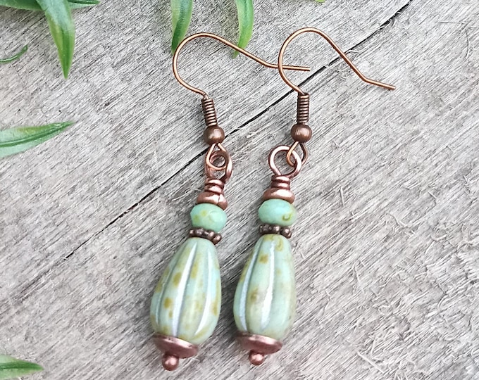 Opaque Antique Green Luster Picasso Teardrop Dangle Earrings, Petite Earrings, Sage Green Earrings, Copper Accents