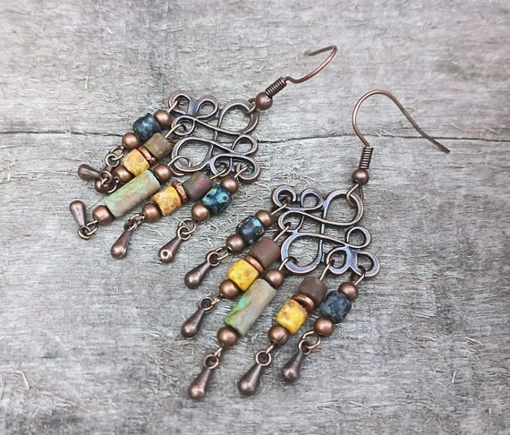 Copper Chandelier Dangle Earrings, Picasso Seed beads, Boho, Rustic and Earthy