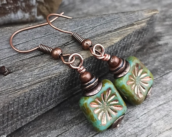 Earthy Green Square Kiwi Dangle Earrings