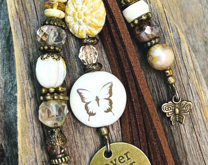 Ivory Czech Glass Butterfly & Never Give up Beaded Bag Charm - Purse  Tassel